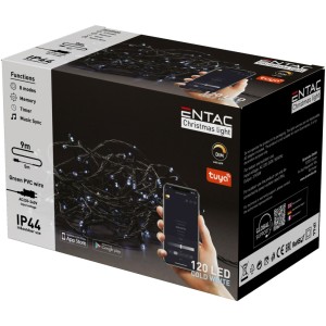 Entac - Karácsonyi fényfüzér adapterrel, Tuya APP, CW (hideg fehér) IP44, 120 LED, 9m - ECL-120-TY-CW